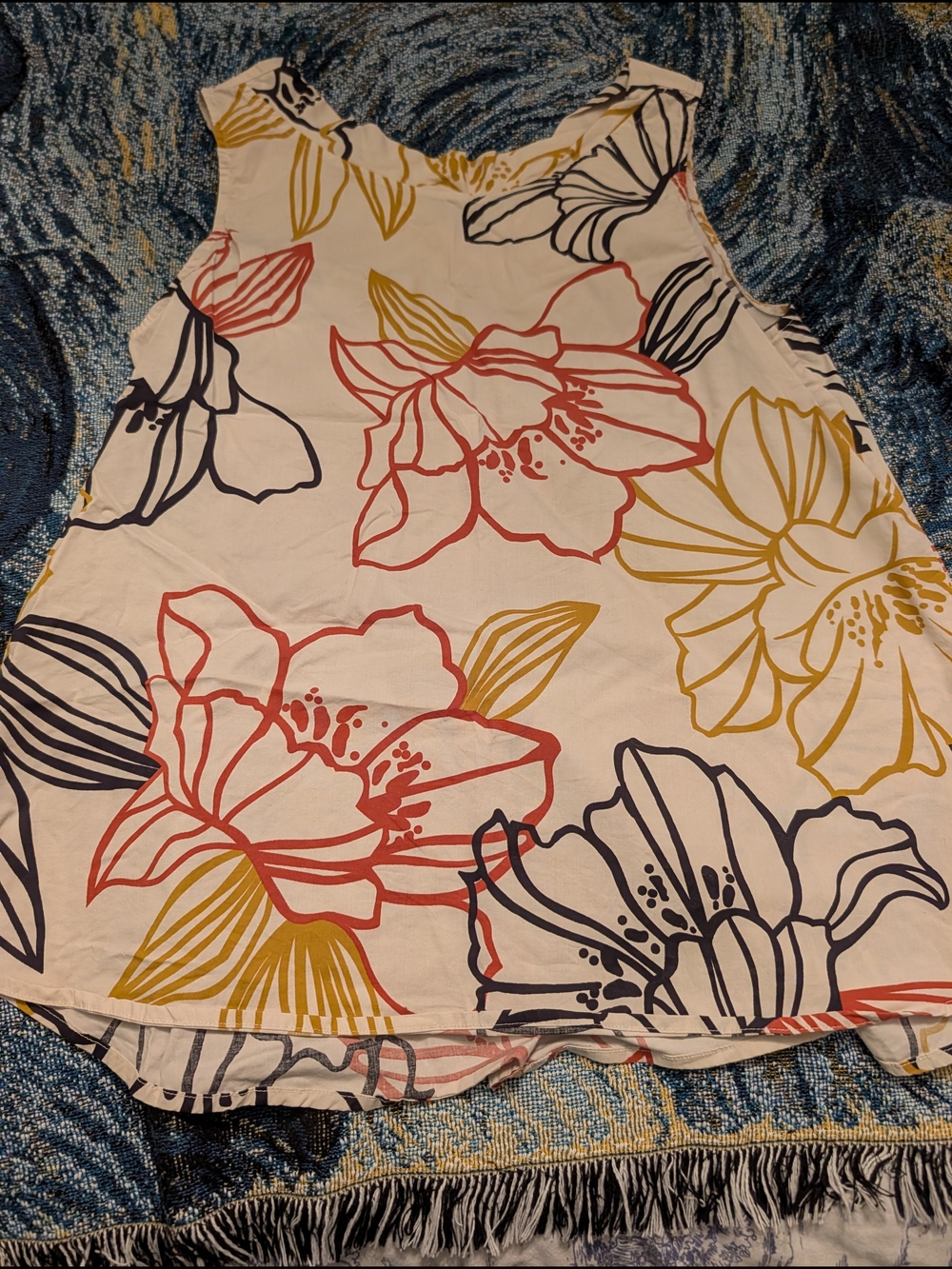 Floral Cotton Sleeveless Shift Top in Coral, Mustard & Navy